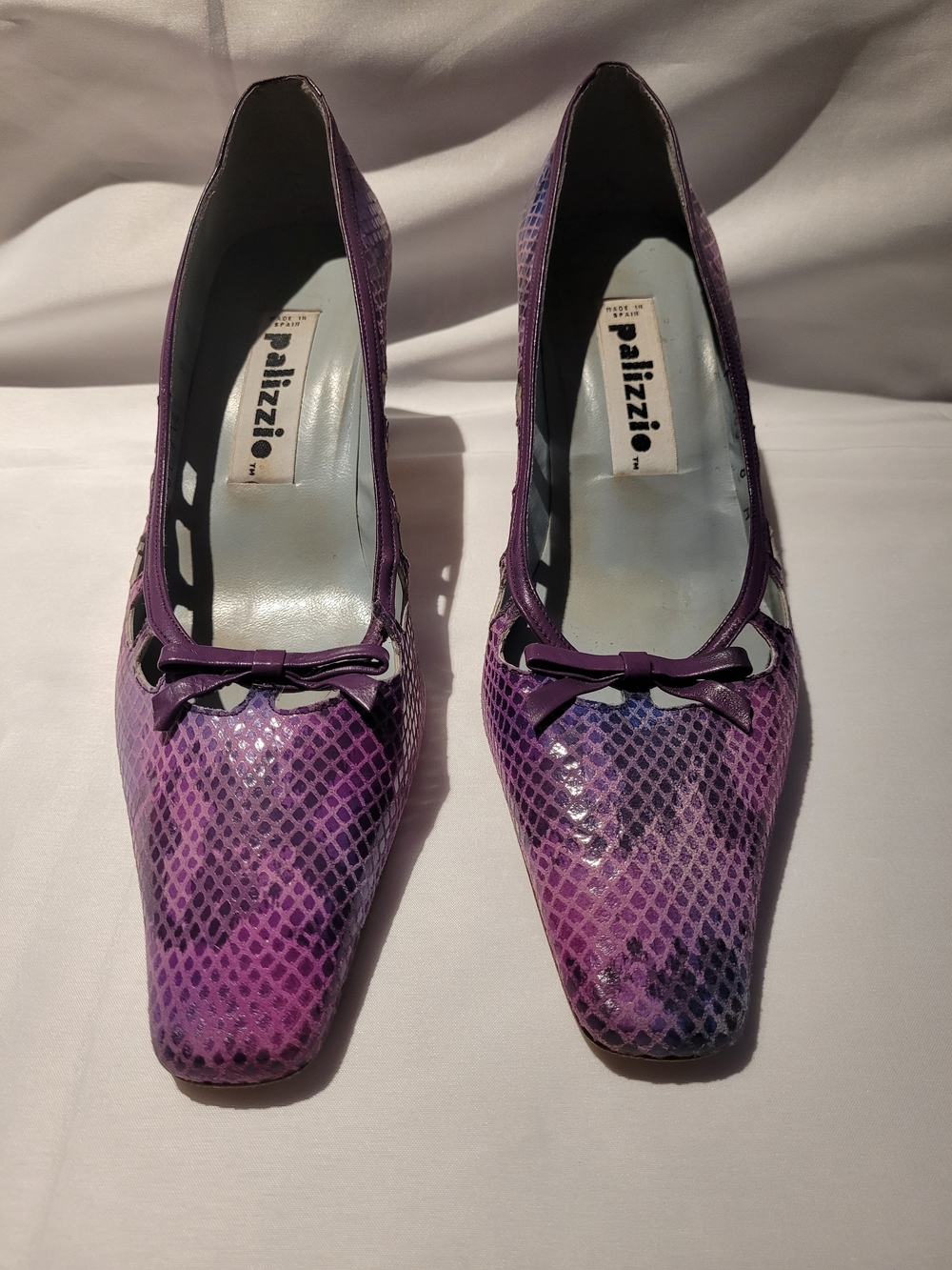 VTG Palizzio Purple Faux Snake Reptile Print Square Toe Heels Made in Spain